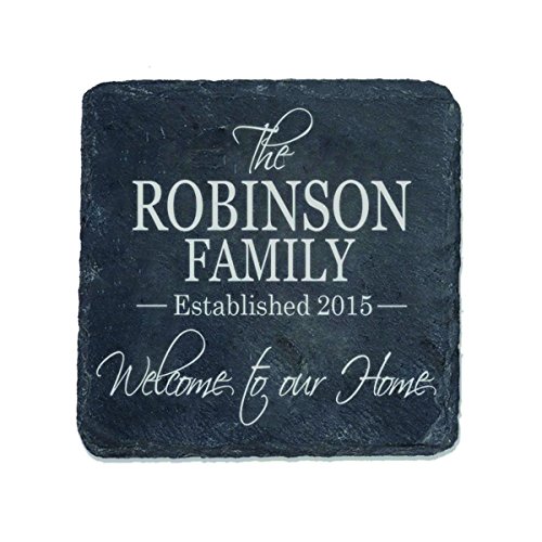 LifeSong Milestones Personalized Slate Bar Drink Coaster Set 4 pc Custom Welcome to Our Home Family Established Last Name and Year Gift for Parents Anniversary 4 x 4
