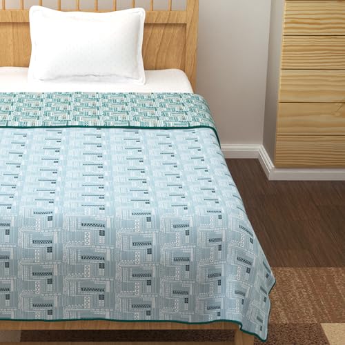 Image of Story@Home AC Comforter Queen Size Cotton 100%| 150GSM 144x220 CM Quilt AC Blanket for Summer | AC Comforter Single Bed | Dark Cyan Blue & Light Blue, Aztec Reversible Design Duvet| All-Season Blanket