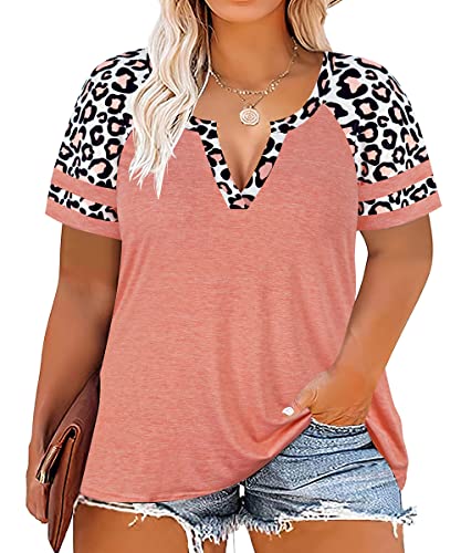 Image of CARCOS Plus Size Tops for Women Short Sleeve Summer Pullover Color Block Crewneck /V Neck Tee Tunic Loose Fit Tshirts XL-5XL