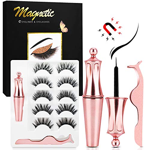 Magnetic Eyeliner and Eyelashes Kit, with 5 Pairs Reusable 5D False Lashes and Tweezer