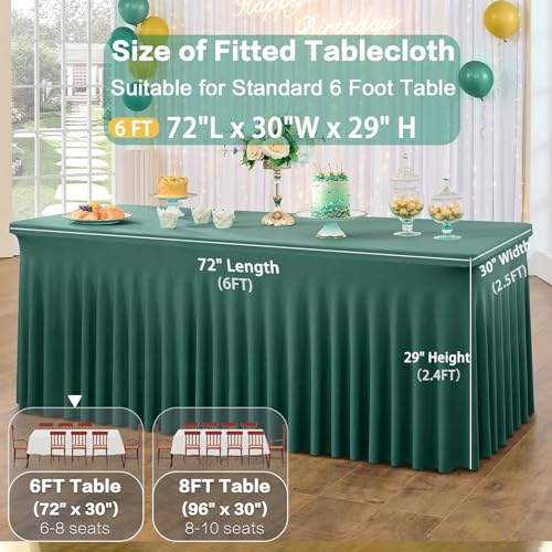 Image of 3 Pack Hunter Green Spandex Tablecloth for 6 Foot Rectangle Tables, Wrinkle Free Fitted Table Cloth Cover 6ft Green Stretchy Tablecloths Desk Skirt for Parties Weddings Birthday Banquet Baby Shower