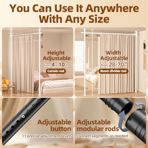 Image of Room Divider No Drilling Curtain Rod Wall Divider for Room Separation, 4-10ft(H) 28-70inch(W) Adjustable,Heavy Duty Floor to Ceiling Portable Hanging Wall Divider for Space Partitions,White