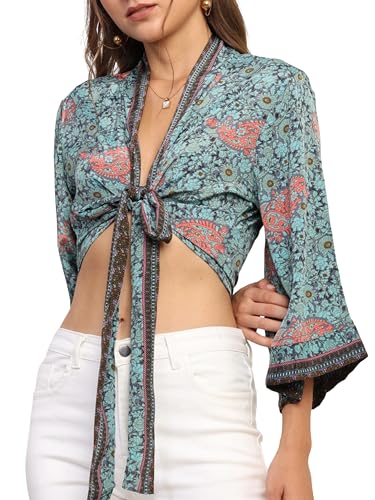 Image of KE KANHA EXPORTS Wrap Top for Woman| Beach Wear for Women|Wrap Tops|Boho Border Print|Kimono Style V Neck|Silky Premium Feel|Multicolor|Easily fits S-M-L|Bust 32-38in|Length 18in|Boho Beach Vibe