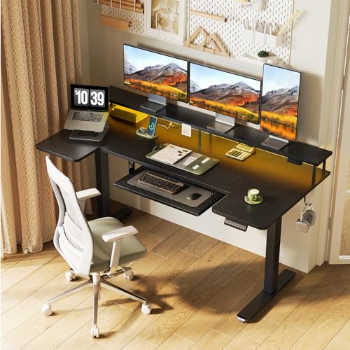 Image of OffiGo U Shaped Electric Standing Desk with Keyboard Tray, 63 Inch Height Adjustable Desk with Power Outlets & LED Lights, Sit Stand Table with Monitor Stand for Home, Office, Black