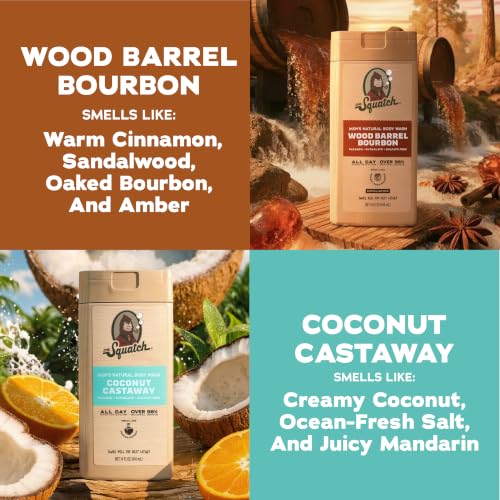 Dr. Squatch Natural Men's Body Wash Shower Gel - Cleansing, Nourishing, Long Lasting Scent, Moisturizing Body Wash for Men - Coconut Castaway + Wood Barrel Bourbon (14 oz, 2-Pack) Detail