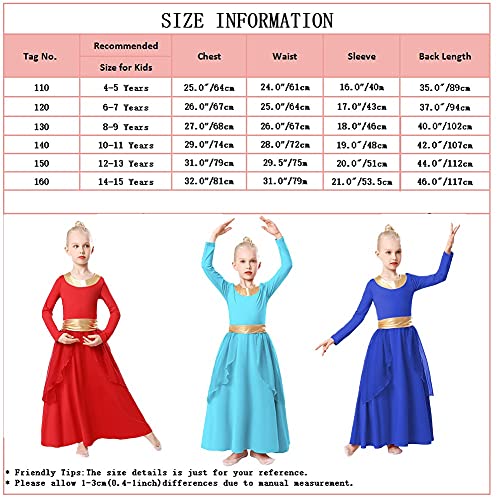 Myrisam Girls Praise Dance Robe Liturgical Worship Metallic Waistband Long Sleeve Dress Chiffon Skirt Lyrical Costume White 14-15T #TOP6