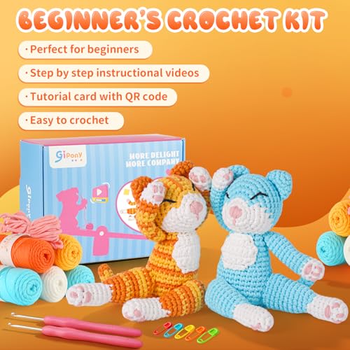 Image of Gipony Crochet Kit for Beginners Animal,Crochet Animal Kits,Crocheting Kit for Starters,Learn to Crochet with Step-by-Step Video Tutorials,Beginner Crochet Kits for Adults(2 Pack Cat)