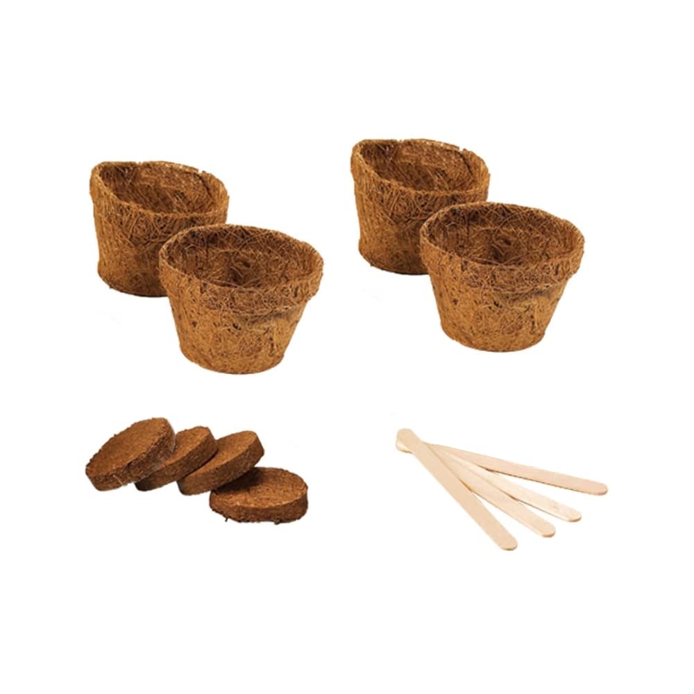 Gifts Direct 2 U Plant Starter Pack of 4 - Coco Coir Plant Pots & Coco Coil Husk Compost Discs & Plant Marker Sticks Natural Coconut Fibre Vegetable Herb Flower Seed Seedling Cuttings