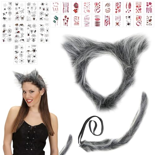 SPERMUOY Disfraz de Lobo con Cola,Set de Orejas y Cola de Lobo con Diadema de Hombre Lobo y Cola de Lobo con Pegatina de Tatuaje de HalloweenGris,Set de Accesorios de Lobo