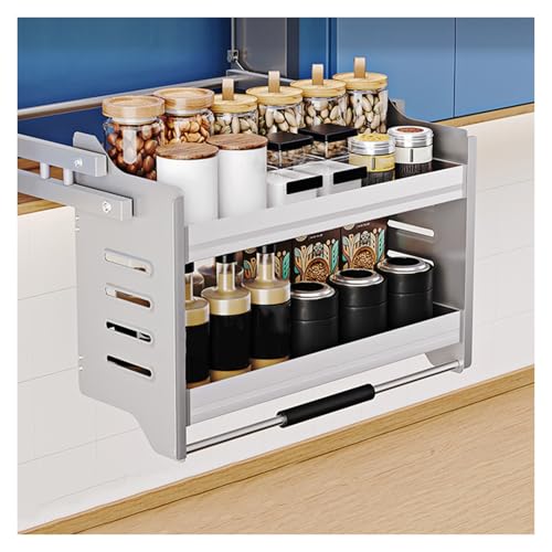 XLTFUC 2 Tier Pull Out Cabinet Organizer, Aluminum Alloy Tall Cabinet Pull Down Shelves Space Saver Ideal Spice Rack Organizer for Kitchen Cabinets(714x270x560mm)