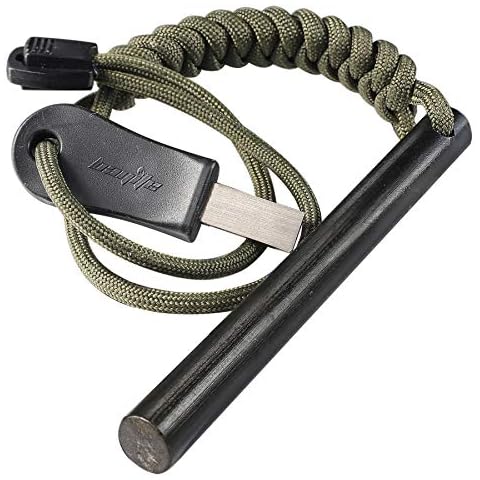 bayite 4 Inch Survival Ferrocerium Drilled Flint Fire Starter, Ferro Rod Kit with Paracord Landyard Handle and Striker, 4"(Long) x 3/8"(Diameter) Cover