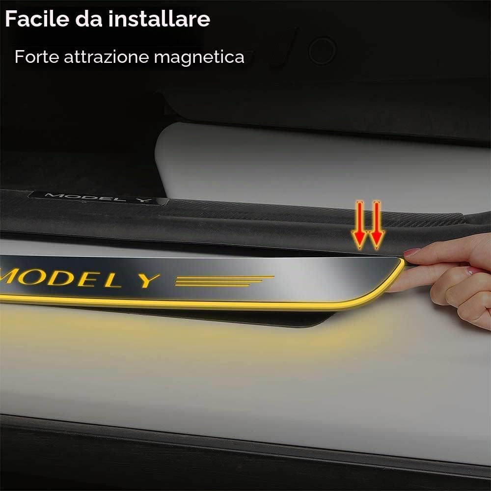 Battitacco per Tesla Model Y, 4 Pezzi, Protezioni per Battitacco, Induzione Magnetica, Luce LED, Barra Illuminata per Soglia Auto, Accessori Auto
