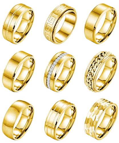 LOAYHOAY 9Pcs 8MM Stainless Steel Band Rings For Men Women Chain Rings Fashion Simple Brushed Wedding Engagement Rings Set 7-13 Gold Size7