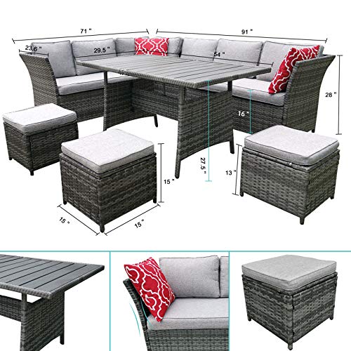 Lovinouse 7 Piece Patio Furniture Sets, Outdoor Conversation Set, All Weather Wicker Sectional Sofa Couch, with Dining Table and Ottoman, Cushions, Red Pillows, for Backyard Garden (Gray) - Thumbnail 4