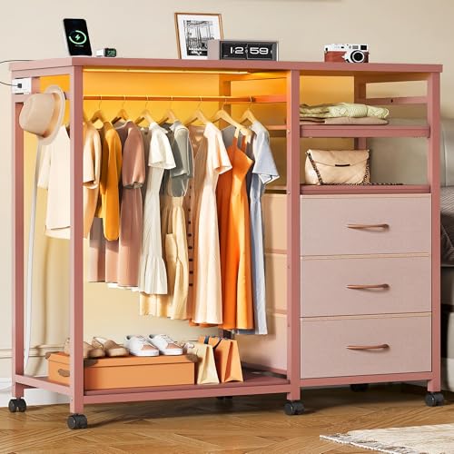 Image of WLIVE Pink Dresser with Hanging Rack for Bedroom, 3 Drawer Dresser with LED Lights & Charging Station, Fabric Dressers & Chest of Drawers, Storage Organizer with Open Shelves for Living Room