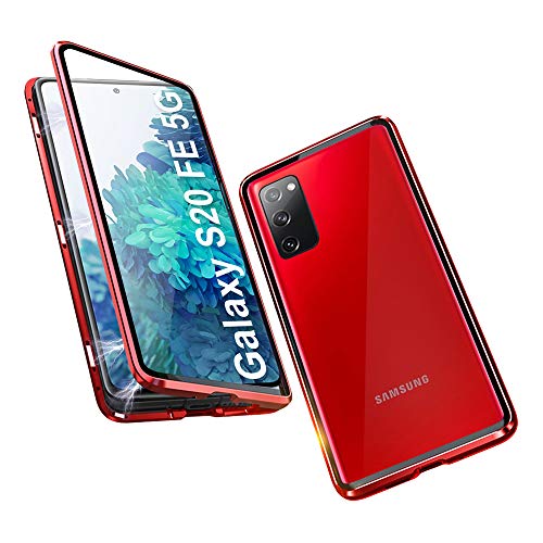 JoiCase Funda para Samsung Galaxy S20 FE Adsorcion Magnetica Carcasa 360 Grado Protección Estuche Marco Aluminio Vidrio Templado Anti Choque Metal Flip Cover - Rojo