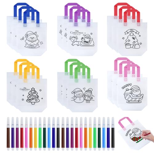 RETON 20 Pcs Christmas DIY Graffiti Bag Set, Including 18 Pcs DIY Reusable Party Bags and 2 Set 12 Pcs Colouring Pen, Non-Woven Colouring Bags Colour Your Own Bag for Christmas Gifts Party Bags