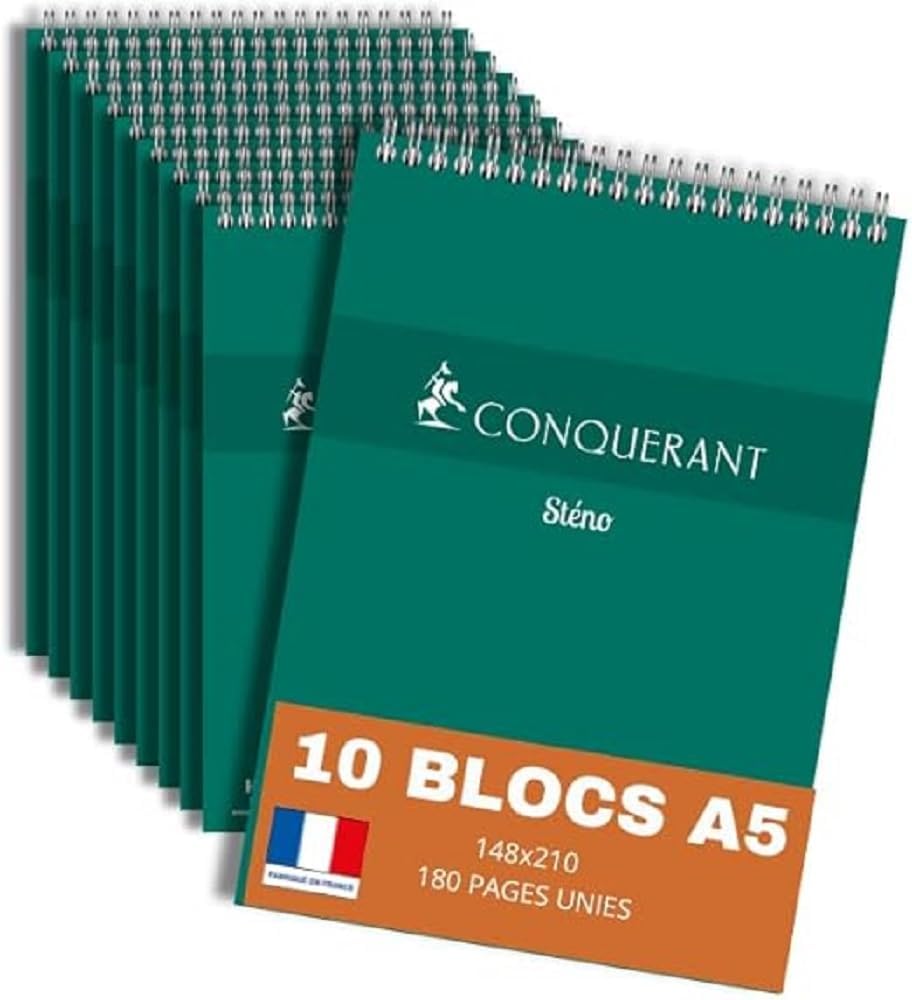 Conquerant Steno Notepad - Pack of 10 - A5 Plain 180 Pages - Integral Binding - Green Card Cover