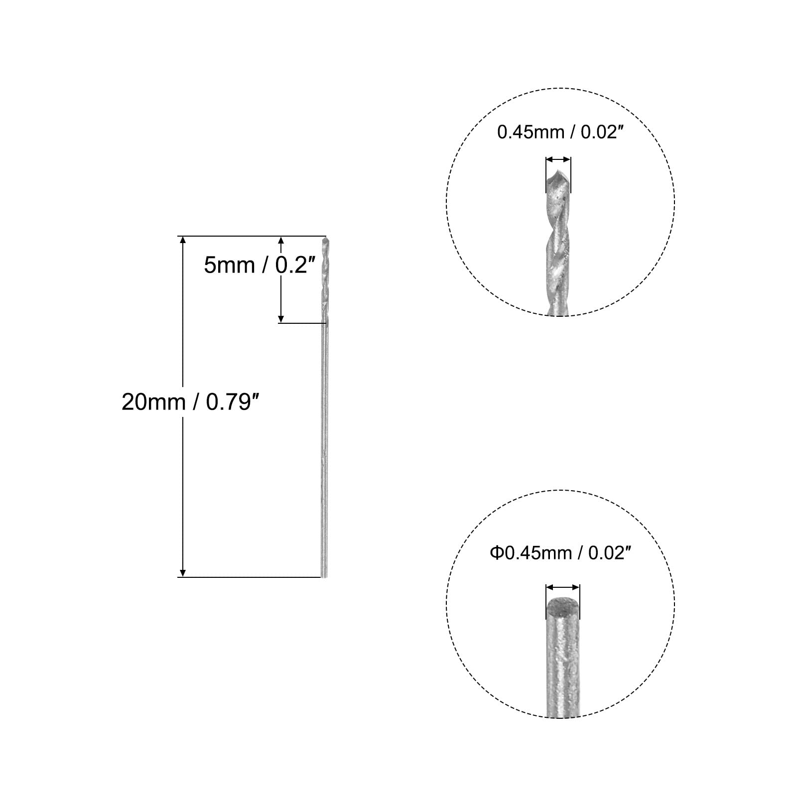 sourcing map 10 Stück 0,45 mm HSS (Schnellarbeitsstahl) W6542 Mikrobohrer, vollständig geschliffen, 20 mm Länge, Bohrer für Baustahl, Kupfer, Aluminium