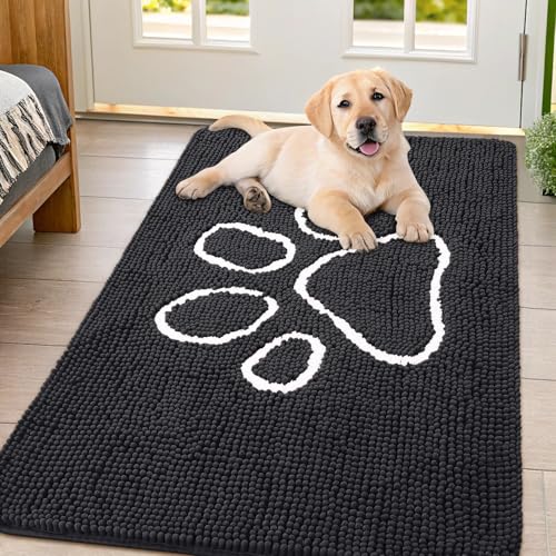 Image of Smiry Dog Door Mat for Muddy Paws, Absorbent Dirt Trapper Non Slip Quick Dry Washable Chenille Mat for Mud Dogs, Entry Rug for Indoor and Outdoor (44x32 Inches, Black and White)