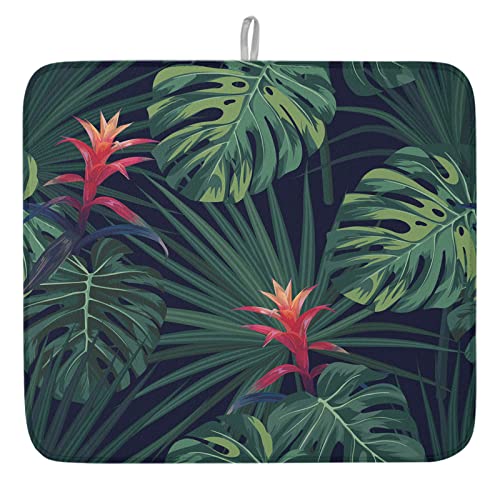 Dish Drying Mat For Kitchen Counter Absorbent Quick Drying Mat, Tropical Jungle Turtle Leaf Flower Hawaiian Plant Microfiber Drying Pad Countertop Protector, Easy To Hang- 16 X 18 #TOP12