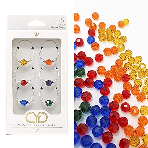 Preciosa Crystal Wine Charms / Drink Markers - Set of 6 - Wine Glass Charms by Claim Your Glass C.Y.G. - Storage travel pouch Included