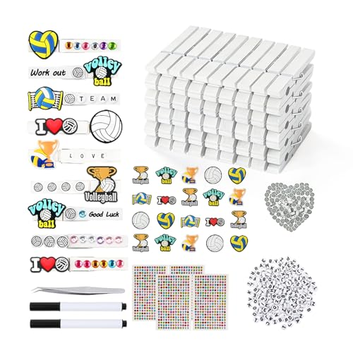 FZHZZ 100 Set Volleyball Cheer Pins Spirit Clips Wooden Volleyball Clips Kit Includes Clothes Pins Mini Volleyball Patch Beads Stickers for DIY Cheer Bulk Team Gifts Backpacks Decorations