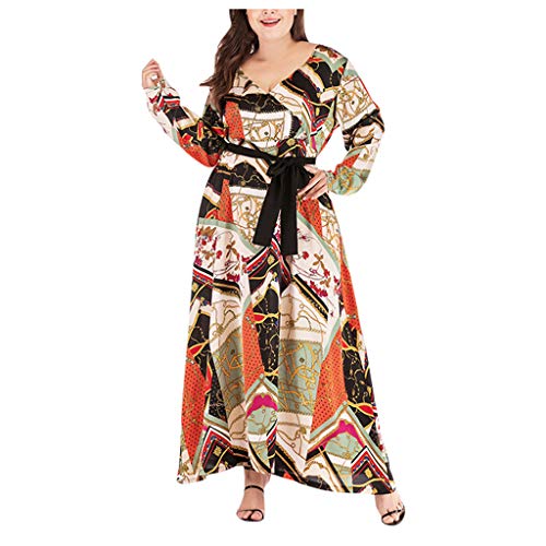 Ankle-Length Dress,Kingwo Women Ladies Long Sleeve Paint V-Neck Loose Plain Casual Plus Size Long Maxi Dress (XXXXL, Multicolor)