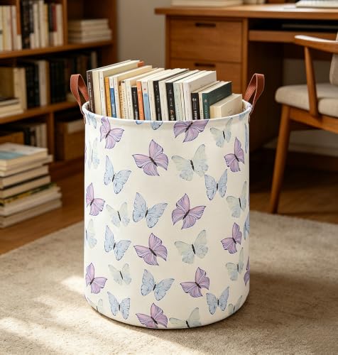Image of Waterproof Fabric Laundry Basket,Dirty Clothes Hamper,Storage Bin(Blue & Purple Butterfly)