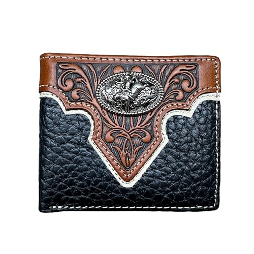 Men’s Short Leather Wallet – Tooled Inlay with Bull Rider Concho – Western Rodeo Bifold Wallet for Cowboys, Ranchers & Roughstock Riders