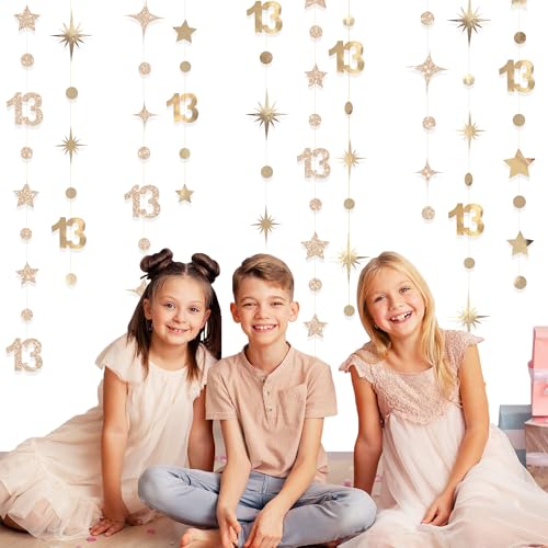 Image of Champagne Gold 13th Birthday Decorations Number 13 Circle Dot Twinkle Star Garland Glitter Streamer Banner Backdrop Girls Boys Cheers to 13 Years Old Birthday Official Teenager Party Supplies