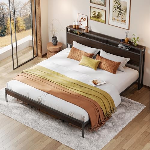 Image of LIKIMIO King Bed Frame with Headboard, Dark Wood Camas King with Strong Supports, Sturdy, Noise-Free, No Box Spring Needed, Dark Brown