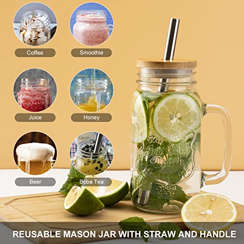 Mason Jar 24Oz Mason Jar With Lid And Straw Regular Mason Jar Lids Set Of 4 Mason Jar Cups With Handles Reusable Boba Cups Travel Bottle For Iced Coffee Large Pearl Juice Cocktail Smoothie (4, 24Oz) #TOP3