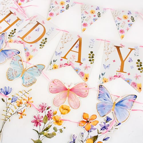 Image of Flower Birthday Decorations,Floral Birthday Banners,with Flower Bouquet Garland, Party Decorations for Girls Women