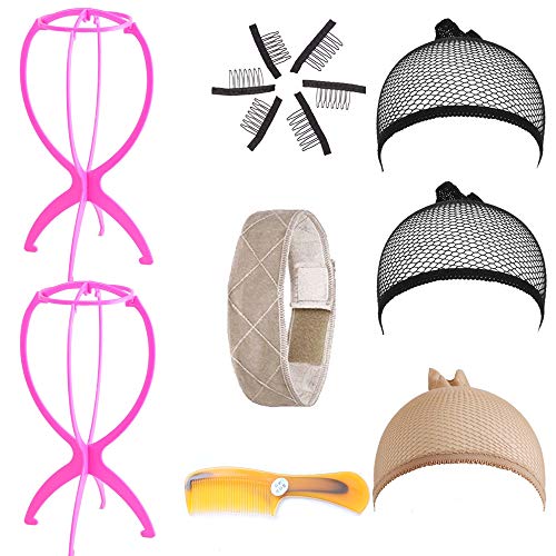 5Species Kit for Wigs and Hat:1Pcs Wig Grip Headband+2Pcs Wig Stands+1Pcs Hair Comb+3Pcs Wig Caps+5Pcs Wig Combs (Beige Headband)