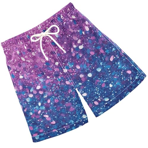 Pigsaly Boys' Swim Board Shorts Teal Purple Pink Gradient Flashing Glitter Boy's Swim Trunks Kids Swimwear M