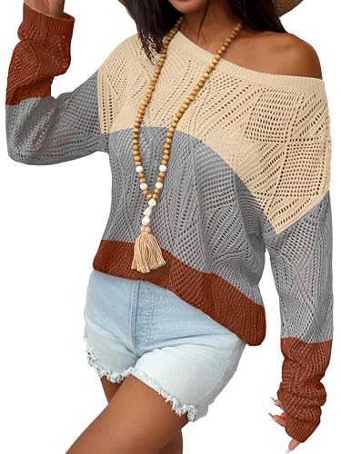 Image of Zeagoo Crochet Tops for Women Off The Shoulder Sweaters Summer Long Sleeve Hollow Out Knit Beach Clothes S-XXL