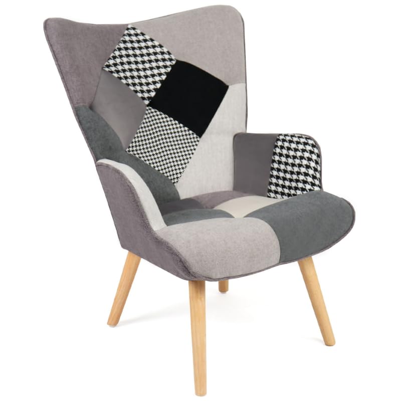 IDMarket Ivar - Sillón escandinavo de tela Patchwork Negro, Gris y Blanco