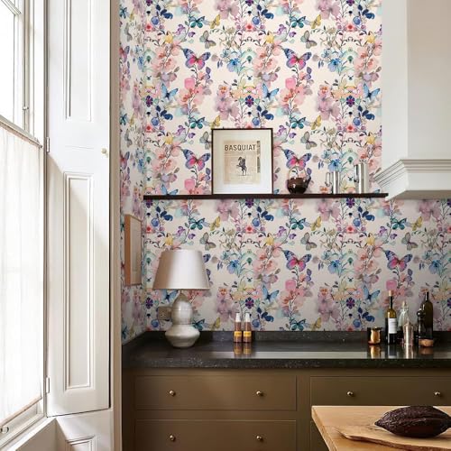 Image of Self-Adhesive Waterproof Floral & Butterfly Pattern Wallpaper Removable PVC Vinyl Wall Sticker for Living Room, Hall & Home Decor (45 x 304 cm)