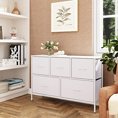 Image of WLIVE Dresser with 5 Drawers, Dressers for Bedroom, Fabric Storage Tower, Hallway, Entryway, Closets, Sturdy Steel Frame, Wood Top, Easy Pull Handle (White)