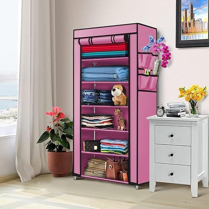 Image of Homdox Portable Collapsible Wardrobe for Clothes Storage a€ inch Foldable Cloth Organizer Cupboard with Shelves for Bedroom & Home (Durable, Space Saving Design) (Pink, 6 Tier)