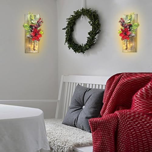 Image of Mason Jars Sconce Decor Rustic Wall Sconces Handmade Wall Art Hanging Design with Remote Control LED Fairy Lights and Red Berry, Xmas Farmhouse Wall Home Decor Living Room Lights Set of Two