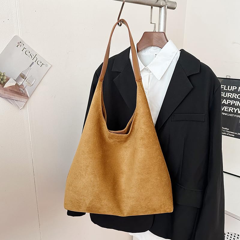 Faux Suede All-Match Shoulder Bag Trendy Tote Commute Handbag with Purse (Khaki)4