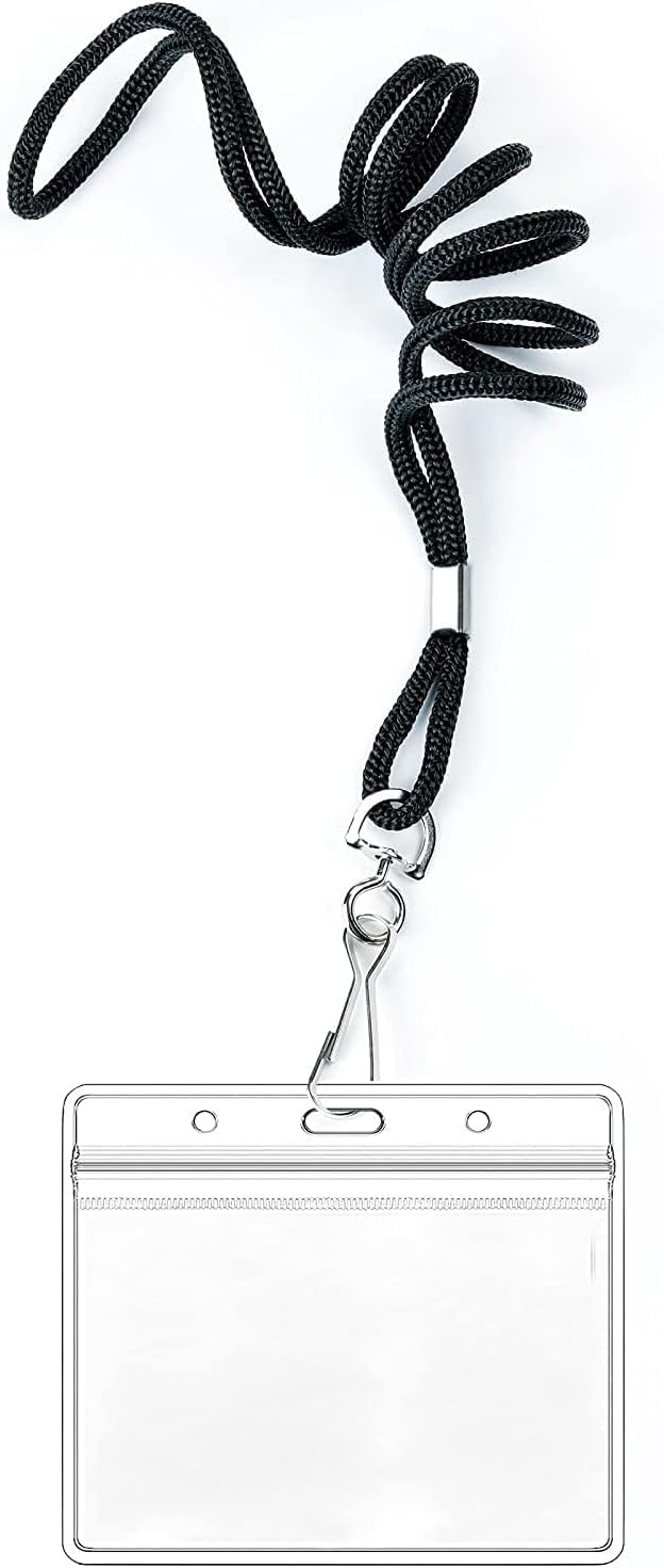 50 Pack Clear Name Badge ID Card Holders with Black Lanyards