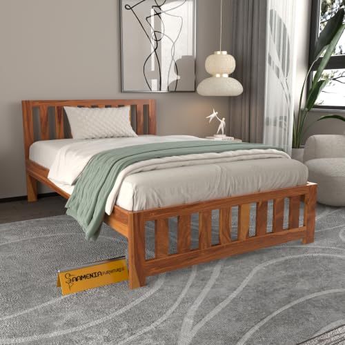 Image of Solid Sheesham Wood Single Size Bed Without Storage | Contemporary Wooden Single Cot with Slatted Headboard & Footboard | Strong Wooden Divan Bed for Bedroom (Honey Finish)