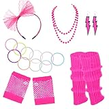Wanmu 6 Stück 80er Jahre Kostüm Zubehör Set für Damen, Retro 90er Thema Party Outfit Accessoires, Stirnband, Armband, Blitz-Ohrringe, Fischernetz-Handschuhe, Halskette, Neon Beinwärmer (Rosenrot)