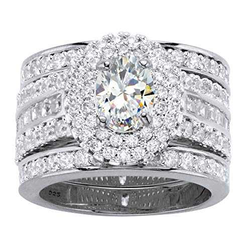 Platinum over Sterling Silver Oval Cut Cubic Zirconia Double Halo Bridal Ring Set Size 7