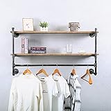 Industrial Pipe Clothing Rack Wall Mounted with Real Wood Shelf,Pipe Shelving Floating Shelves Wall Shelf,Rustic Retail Garment Rack Display Rack Cloths Rack,48in Steam Punk Commercial Clothes Racks
