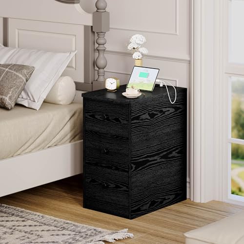 Image of LIKIMIO Nightstand with Charging Station, Narrow Bedside Table with 3 Drawers, End Table with USB Ports and Outlets, Side Table for Living Room /Bedroom Modern