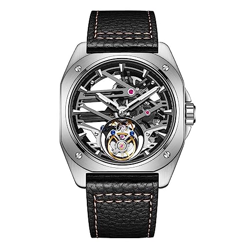 Aesop Mechanische Tourbillon Herrenuhr Skelett Handaufzug Herren Armbanduhren Leuchtender Saphir Wasserdicht Luxuskleid Businessuhr für Herren 7067(Silber-Schwarz)